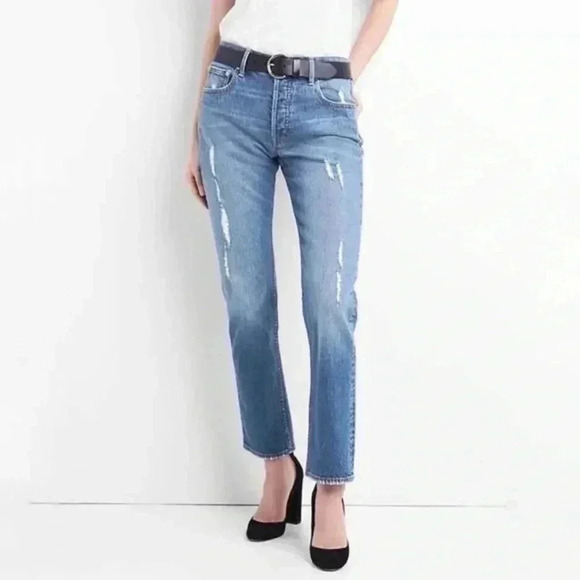 GAP Cone Denim  High Waisted Straight Leg Jeans Distressed Blue Size 25 - Picture 1 of 15